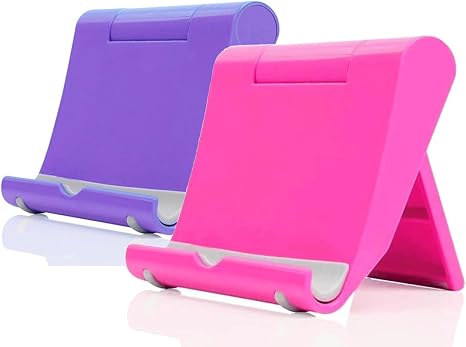 51R7tU4e0fL._AC_SX466_.jpg Cell Phone Stand for Desk 2 Pack Mobile Phone Holders Desktop Tablet Stand, Foldable Phone Dock Universal Adjustable Tablet Stand for Desk (Pink+Purple) - Image 1