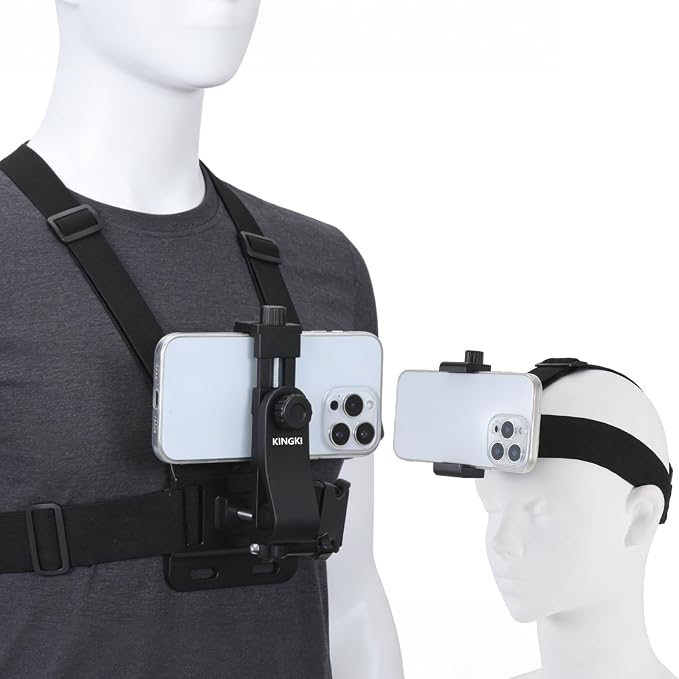 61gOkdSO1yL._AC_SX679_.jpg KINGKI Mobile Phone Chest Strap Harness Mount Head Strap Holder Kit for POV/VLOG,Cell Phone Clip Compatible with iPhone,Samsung,GoPro Hero 12, 11,10, 9, 8, AKASO,DJI Osmo,and Action Cameras… - Image 1