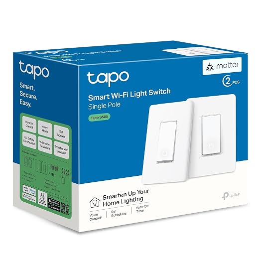 61juFJrXcQL._SX522_.jpg TP-Link Tapo Matter Smart Light Switch: Voice Control w/Siri, Alexa & Google Home | UL Certified | Timer & Schedule | Easy Guided Install | Neutral Wire Required | Single Pole | Tapo S505(2-Pack) - Image 1