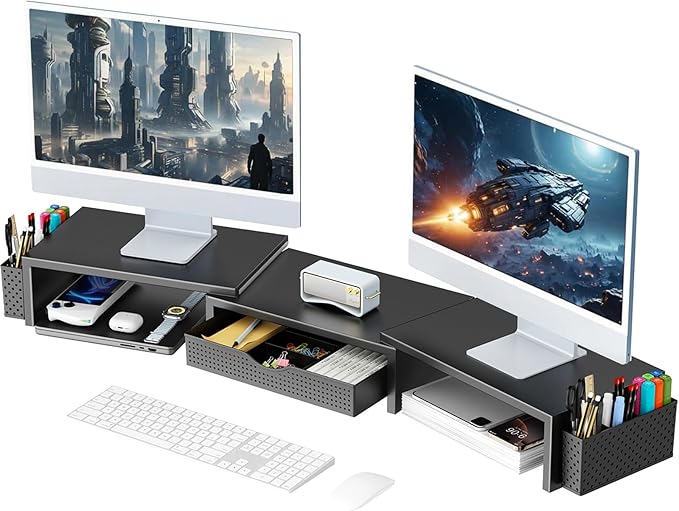 715qntQ7xL._AC_SX679_.jpg gianotter Dual Monitor Stand Riser With Drawer and 2 Pen Holders - Image 1