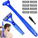 Back Shaver for Men & Women(DIY), Body Hair Trimmer with Foldable Extra Long Ergonomic Handle, Wet Dry Shaving & Safety Razor Technology with 8 Pcs Ultra Sharp Replaceable Blades (Blue)