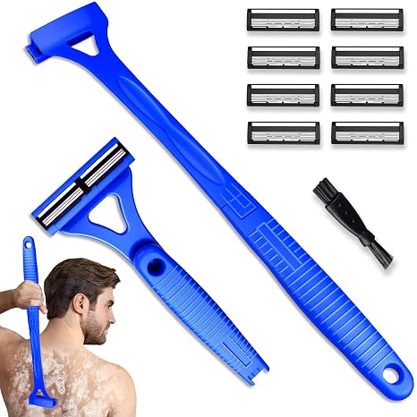 7161Yl2uiEL._SX466_.jpg Back Shaver for Men & Women(DIY), Body Hair Trimmer with Foldable Extra Long Ergonomic Handle, Wet Dry Shaving & Safety Razor Technology with 8 Pcs Ultra Sharp Replaceable Blades (Blue) - Image 1