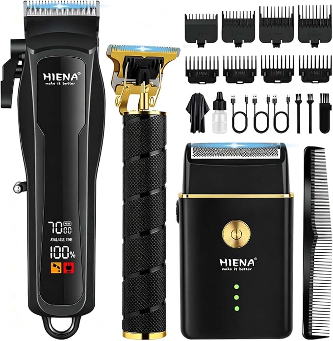 71ENnbk4sGL._AC_SX679_.jpg HIENA PRO Professional Hair Clipper Set for Men, Cordless Barber Clippers Set and Trimmer Kit, USB Rechargeable Electric Beard Trimmer Foil Shaver & Men's Facial Grooming Tool Kit, Gifts for Men - Image 1