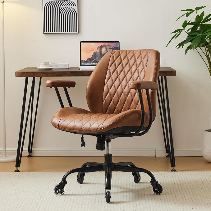 71ISqRDvebL._AC_SX679_.jpg YFO Home Office Desk Chair Office Rubber Casters Ergonomic Computer Chair with Lumbar Support Adjustable Height Rolling Swivel Executive Task Armrests Chair, Brown Leather - Image 1
