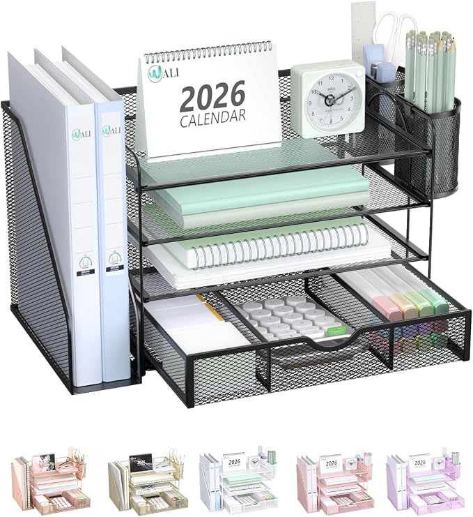 71J0pjK3spL._AC_SX679_.jpg WALI Desk File Organizer, 4 Tier Desktop Paper Letter Tray Organizer with Drawer and 2 Pen Holders, Office Desk Accessories & Workspace Organizers for Office, Home Supplies(DO005DH-B), 1 Pack, Black - Image 1