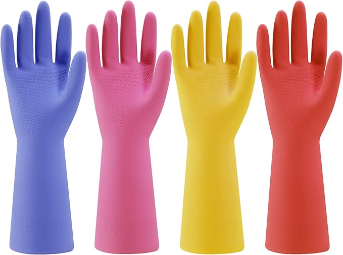 71PTgyAuhCL._AC_SX679_.jpg Rubber Kitchen Dishwashing Gloves - 4 Pairs Colorful Reusable Household Cleaning Gloves for Washing Dishes and Cleaning Tasks, Flexible Long-lasting and Non-Slip (Medium, Blue+Pink+Yellow+Red) - Image 1
