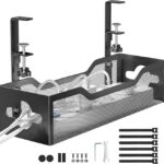 Under Desk Cable Management Tray No Drill, Metal Mesh Cable Management Under Desk with Clamp Mount, 2 Hole Cable Tray with Wire Management and Cord Organizer for Home Office Standing Desk