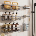 Veken Shower Caddy 6-Pack, No Drilling & Rustproof, Waterproof Adhesive Shelves Rack with Soap Holder, Large Capacity Bathroom Organizers and Storage, Wall-Mounted Kitchen & Home Decor, Bright Silver