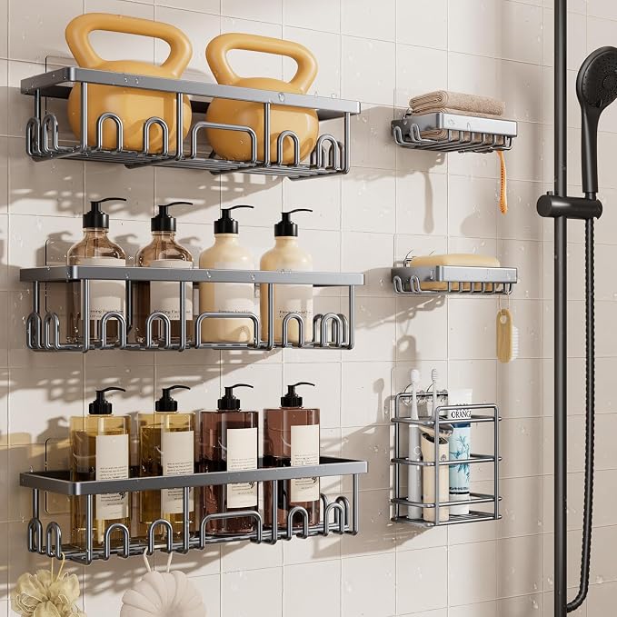 71i6RGIyShL._AC_SX679_.jpg Veken Shower Caddy 6-Pack, No Drilling & Rustproof, Waterproof Adhesive Shelves Rack with Soap Holder, Large Capacity Bathroom Organizers and Storage, Wall-Mounted Kitchen & Home Decor, Bright Silver - Image 1