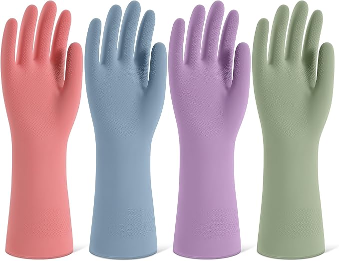 71i81qvamgL._AC_SX679_.jpg Rubber Cleaning Gloves for Dishwashing, 4 Pairs Reusable Kitchen Gloves for Washing Dishes and Household Cleaning, Colorful Dish Gloves with Flocked Lining and Non-Slip Grip, Pefect for Woman Men - M - Image 1