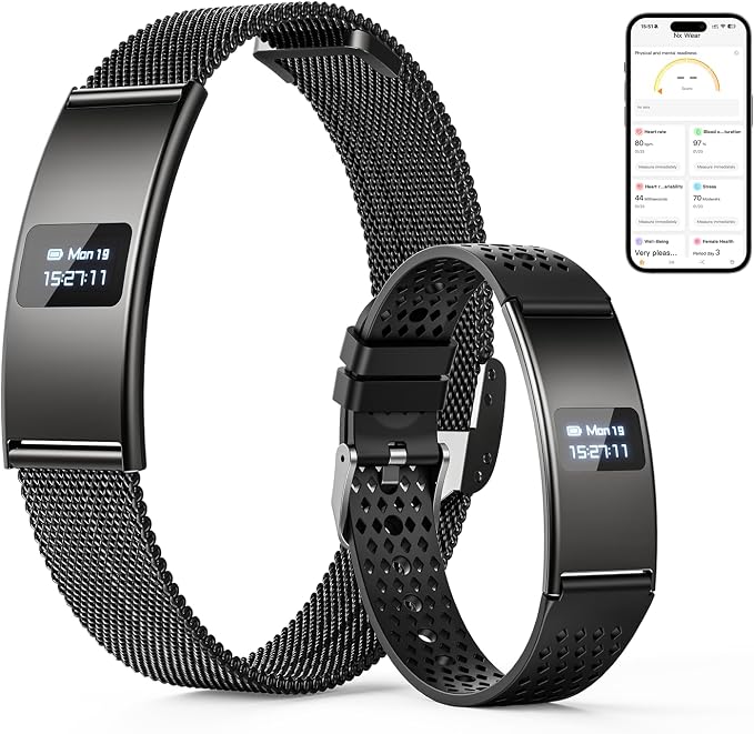 71piUaUj7wL._AC_SX679_.jpg Smart Bracelet, Subscription-Free 24/7 Health Tracking, Heart Rate, SpO2, HRV & Sleep Tracker with IPX8 Waterproof, Wearable Activity & Fitness Tracker, 7-Day Battery, 2 Bands - Image 1