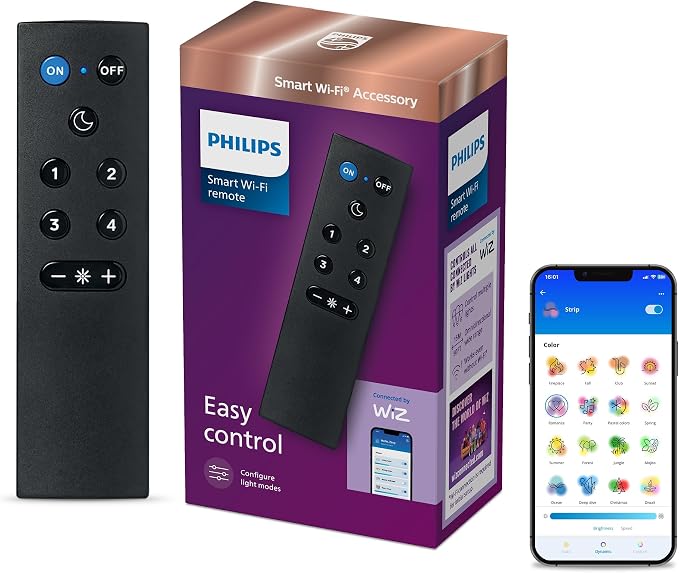 71tku8DhjtL._AC_SX679_.jpg Philips Smart Lighting Smart Home Remote Control, Easy to Use, Dimming, Customizable Buttons, Wide Range 50 ft, Works without Wi-Fi, Connected by WiZ, 1 Pack - Image 1