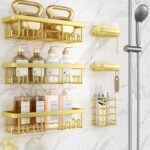Veken Adhesive Shower Caddy 6-Pack,Gifts for Women Mom,Heavy Weight Bearing,Large Wall Mounted Bathroom Shelves Rack,Organizer Storage Accessories with Soap Dish&Toothbrush Holder,Bright Gold