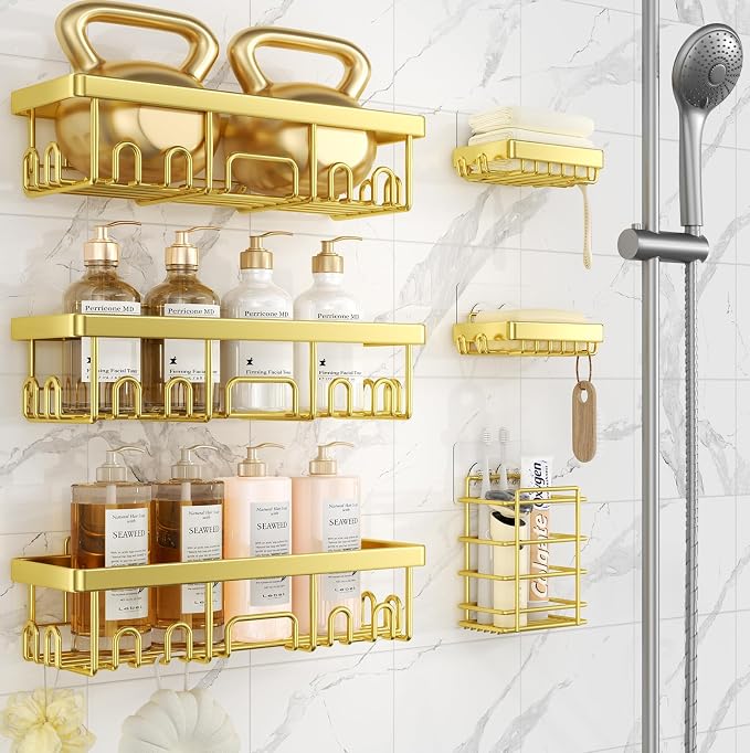 71yCrjmXwNL._AC_SX679_.jpg Veken Adhesive Shower Caddy 6-Pack,Gifts for Women Mom,Heavy Weight Bearing,Large Wall Mounted Bathroom Shelves Rack,Organizer Storage Accessories with Soap Dish&Toothbrush Holder,Bright Gold - Image 1