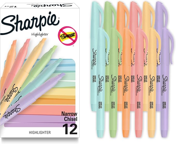 81CEATW-r-L._AC_SX679_.jpg Sharpie Pocket Highlighters, Mild Pastel Colors, Assorted, Chisel Tip, 12 Count - School, Home, and Office Use, Teacher Supplies - Image 1