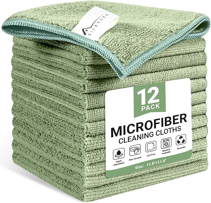 81En5nYaw2L._AC_SX679_.jpg SIFANGKE Microfiber Cleaning Cloth, 12 Pack Green Cleaning Rags for Housekeeping, Reusable Microfiber Towels for Car, Kitchen, Bathroom and Household Cleaning Supplies, 11.8 - Image 1