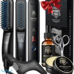 Beard Straightener Kit for Man- Heated Grooming Beard Brush, Beard Balm,Comb,Beard Growth Oil, Value Gift Set for Fathers Day,No-Scald,for Soft,Thick,Curly Beard,Prevent Damage