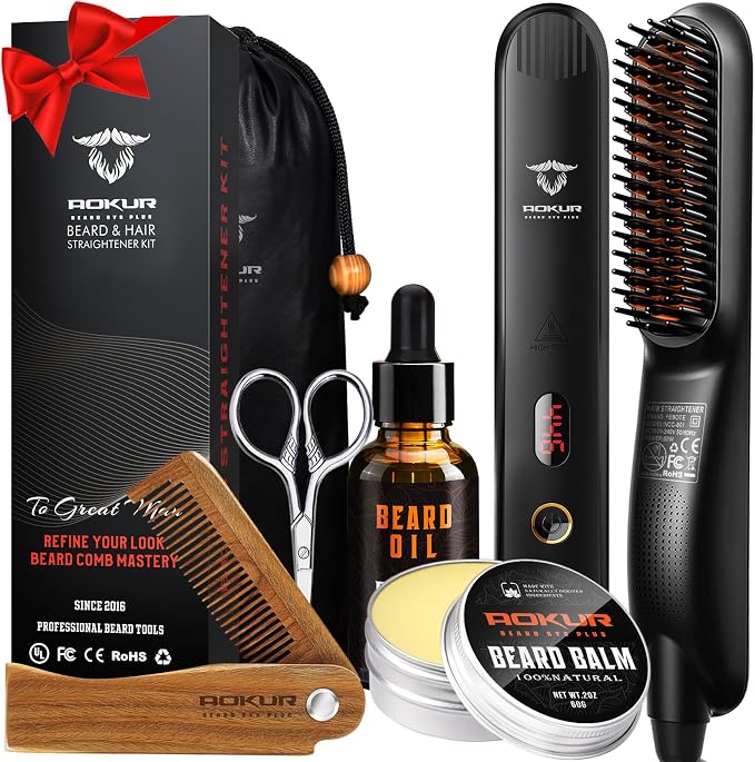 81gTtgQQooL._AC_SX679_.jpg Beard Straightener for Men – 5-Temp Heated Brush with Anti-Scald Tech – Grooming Kit with Sandalwood Comb, Balm, Oil & Scissors – Gifts for Father’s Day, Anniversary & Birthdays - Image 1
