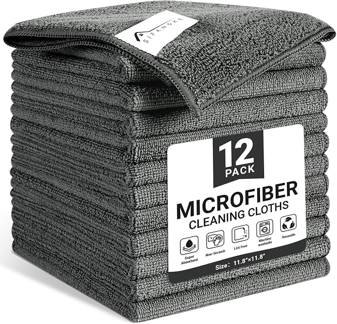 81sMpUBxkkL._AC_SX679_.jpg SIFANGKE Microfiber Cleaning Cloth, 12 Pack Grey Cleaning Rags for Housekeeping, Reusable Microfiber Towels for Car, Kitchen, Bathroom and Household Cleaning Supplies, 11.8 - Image 1