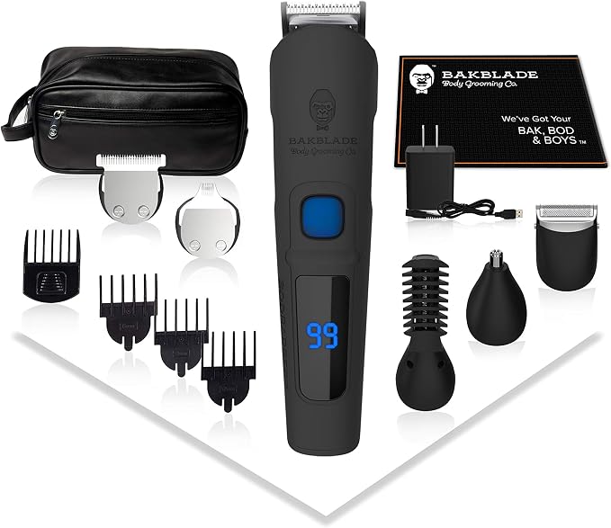 81uabqcZvEL._AC_SX679_.jpg BAKBLADE 11-in-1 Mens Grooming Kit for Manscaping - Bodbarber - Electric Beard Trimmer for Men, Groin Groomer, Body Groomer, Nose & Ear Groomer - Cordless & Waterproof Hair Clippers - Image 1